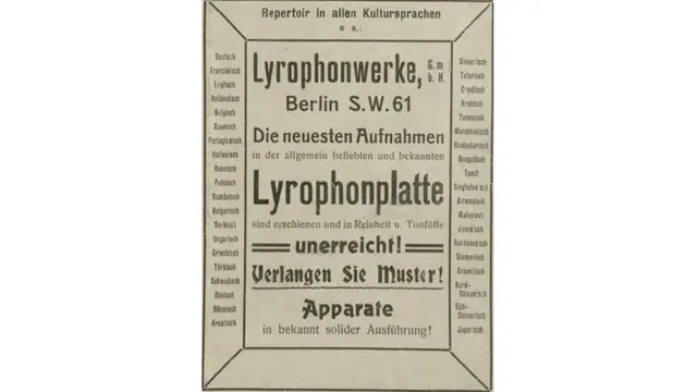 Phonographische Zeitschrift tháng 1 1913. Hãng Lyrophon ở Berlin, Đức quảng cáo "tiết mục tất cả ngôn ngữ dân tộc" (Repertoir in allen Kultursprachen). Trong mục này có danh sách 39 thứ tiếng - ở bên phải có "Anamitisch" là tiếng Việt.