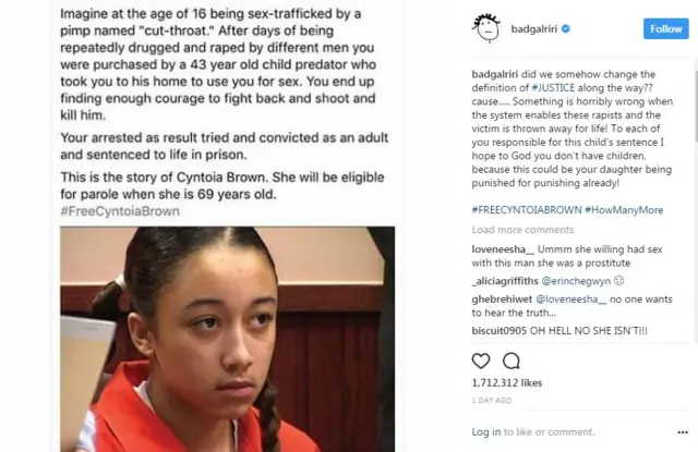 Mensaje de Rihanna en Instagram.