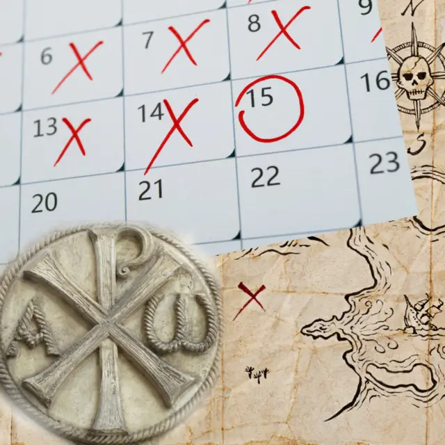Calendario, mapa y símbolo religioso con x