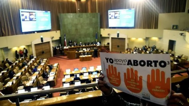 Pancarta de apoyo al aborto en una sesión del Congreso Nacional en Valparaíso.