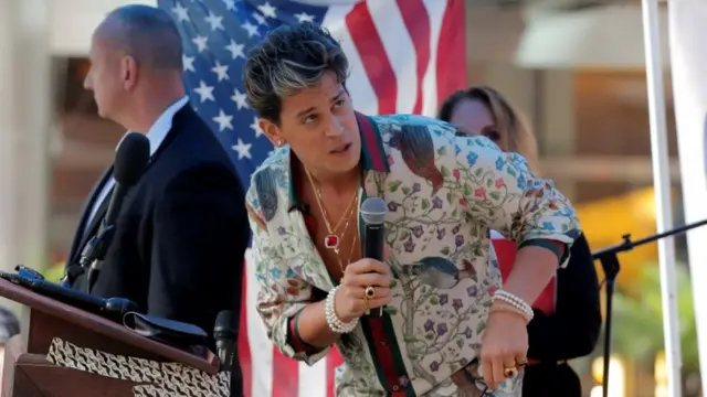 Milo Yiannopoulos speaks during a protest against CUNY commencement speaker Linda Sarsour, former executive director of the Arab American Association in New York, 25 May 2017