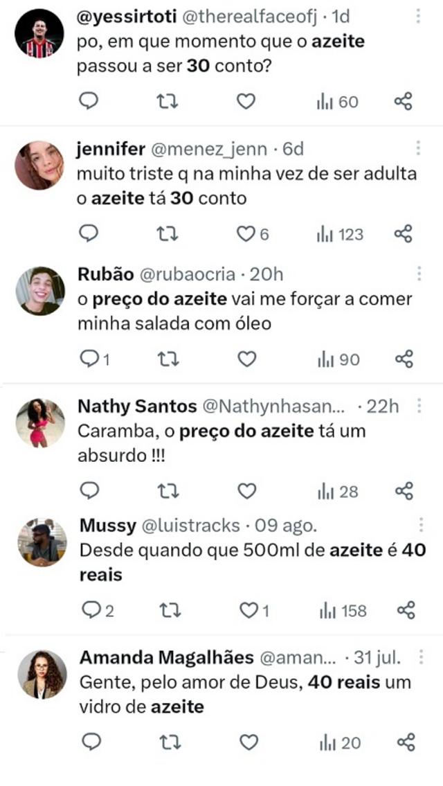 Consumidores reclamando do preço do azeite na rede social X (novo nome do Twitter)