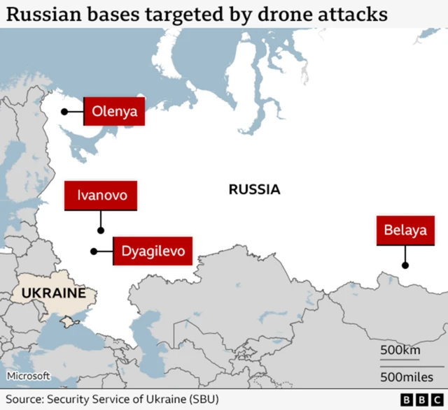 A map showing the location of the bases targeted by the drone attack. Olenya in the north-west, Ivanovo and Dyagilevo in the south and Belaya in central Russia.