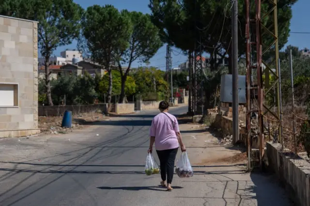 امرأة تحمل أكياس مشتريات بعد توصيل مواد غذائية إلى بلدة رميش الحدودية في 9 أكتوبر/تشرين الأول 2024.