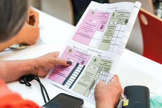 ตัวอย่างบัตรลงคะแนนระดับอำเภอ ด้านซ้าย เป็นการเลือกภายในกลุ่มอาชีพ ด้านขวา เป็นการเลือกไขว้ข้ามกลุ่มภายในสายเดียวกัน