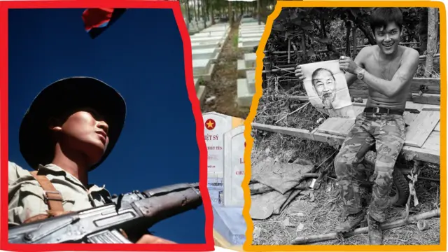 Một người lính Mặt trận Giải phóng (thường được gọi là Việt Cộng, trái); bên phải là một lính Việt Nam Cộng hòa sau một trận đánh ở Quảng Trị vào tháng 7/1972 trong Mùa hè đỏ lửa.