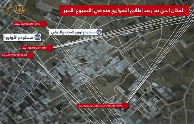 خريطة نشرها الجيش الإسرائيلي لرصد منصات إطلاق لقذائف صاروخية بجوار مستودعات للأونروا.