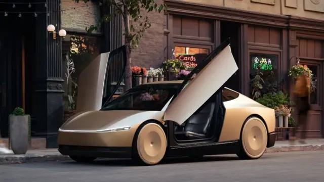 نمای جلوی تسلا سایبرکب که درهایش رو به بالا باز شده