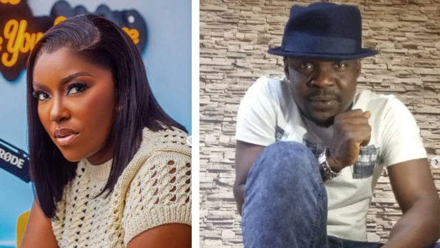 Biola Adebayo lapa osi, Lanre Omiyinka (Baba Ijesa) lapa ọtun. Biola n wo ọọkan pẹlu oju ẹgbẹ kan, Baba Ijesa naa n wo ookan pẹlu fila alawọ aro to de sori. O wọ aṣó funfun pẹlu ṣokoto alawọ aro.