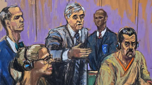 Bocetos de Cilia Flores, Nicolás Maduro y sus abogados en el tribunal