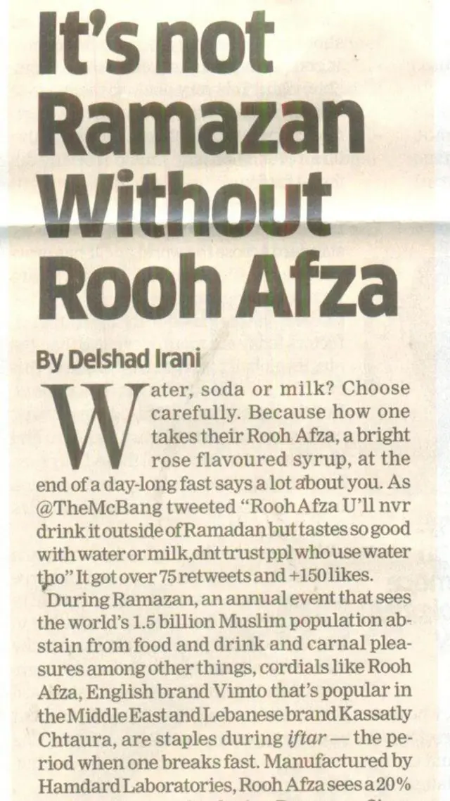 রমজানের পানীয় হিসেবে রূহ আফজা কথা সংবাদেও উঠে  এসেছে।