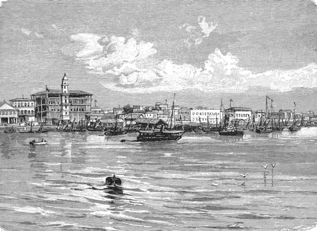 La ville portuaire historique de Zanzibar, avec son mélange d'architecture arabe, indienne et coloniale le long d'un front de mer animé où s'alignent des boutres chargés d'épices, illustration ancienne datant de 1899.
