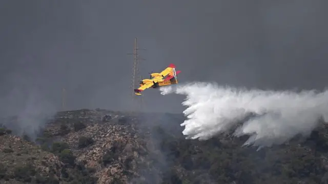 Un hidroavión de color amarillo ayuda en las tareas de extinción del fuego arrojando agua desde el aire.