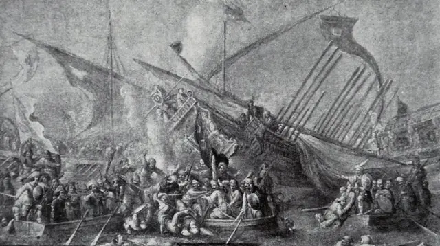 আঠারো শতকে আঁকা স্প্যানিশ নৌবহরের পরাজয়ের দৃশ্য। হাজার বছর ধরে নৌ-পথে বহু যুদ্ধে ধ্বংস হওয়া জাহাজগুলো পড়ে আছে সাগরের তলায়।