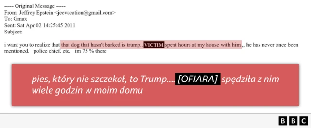Na zdjęciu widoczna jest wymiana e-maili opublikowana w ramach akt, z wyróżnionym wierszem: „ten pies, który nie szczekał, to Trump... [OFIARA] spędziła z nim wiele godzin w moim domu”.
