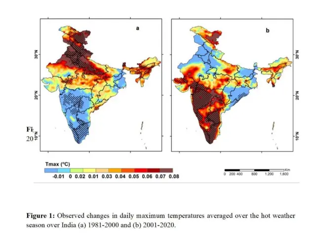 भारतातील उष्ण हवामानाच्या हंगामात दैनंदिन कमाल तापमानातील (सरासरी) बदल (अ) 1981-2000 आणि (ब) 2001-2020