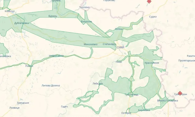 Мапа зон, що були окуповані росіянами та пізніше звільнені ЗСУ