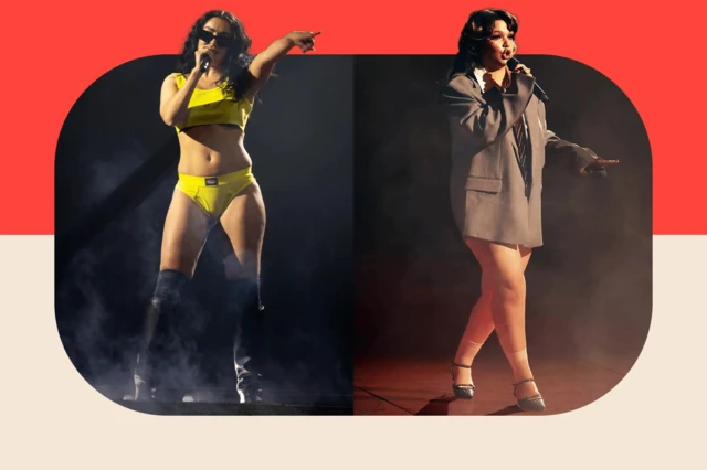 Коллаж из двух певиц, одна в желтом нижнем белье или купальнике, другая в оверсайз-пиджаке и с голыми довольно крупными ногами.