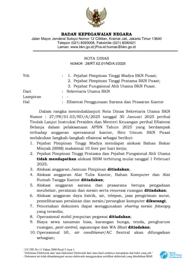 Nota Dinas Badan Kepegawaian Negara (BKN) No. 28/RT.02.01/ND/A.I/2025 memuat 10 langkah efisiensi anggaran belanja instansi tersebut.