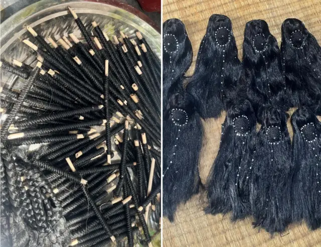 কোঁকড়ানো কেশবিন্যাসের জন্য কাঠিতে জড়ানো নাইলন তন্তু (বামদিকে) এবং রাধার বিগ্রহের জন্য প্রস্তুত হওয়া পরচুলা (ডানদিকে)। 