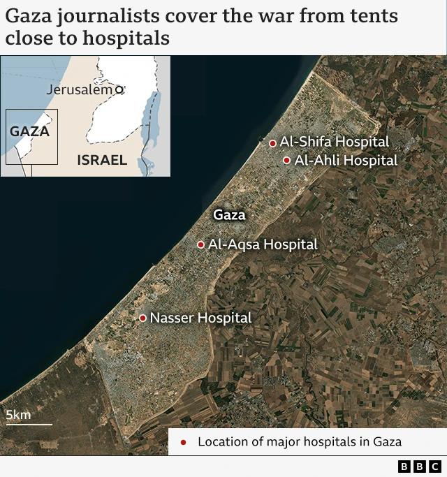 A map showing the location of the major hospitals in Gaza