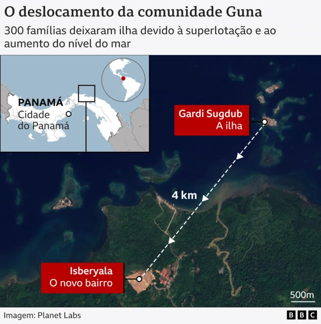 Mapa da comunidade Guna, que mostra a distância entre a ilha e o novo bairro (4km)