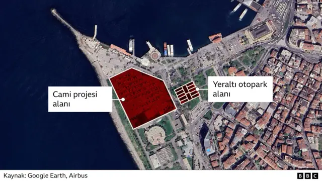 Cami projesi için ayrılan dolgu alan ve yeşillik bölgenin uydu görüntüsü.