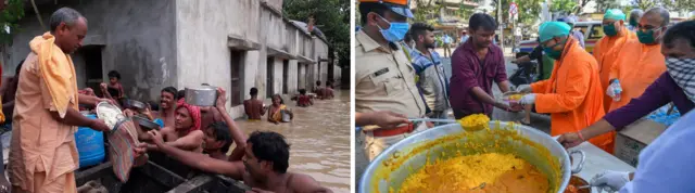 দুই প্রতিষ্ঠানের ত্রাণ বিলি - বাঁয়ে ভারত সেবাশ্রম সঙ্ঘের এক সন্ন্যাসী বন্যাত্রাণ বিলি করছেন, ডাইনে করোনার সময়ে খিচুরি খাওয়াচ্ছেন রামকৃষ্ণ মিশনের এক সন্ন্যাসী