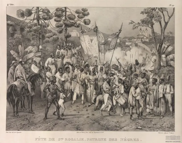 Ilustração em preto e branco mostra uma festa com escravizados com referência a 1835. 
