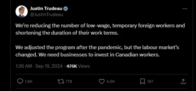 ਜਸਟਿਨ ਟਰੂਡੋ ਦਾ ਟਵੀਟ