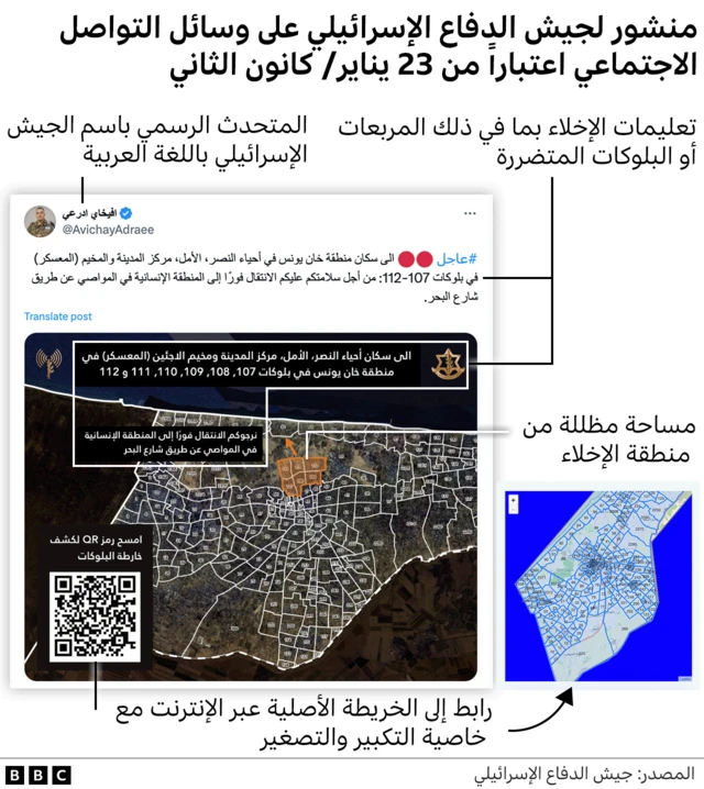 منشور للجيش الإسرائيلي على وسائل التواصل الاجتماعي يظهر تحذيراً مرفقاً بخريطة للإجلاء في خان يونس