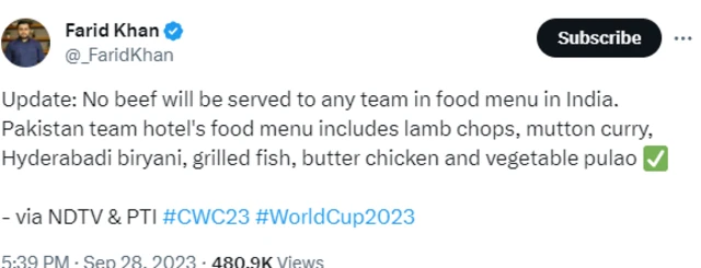 विश्वचषक : पाकिस्तानी संघाच्या जेवणाची सोशल मीडियावर तुफान चर्चा