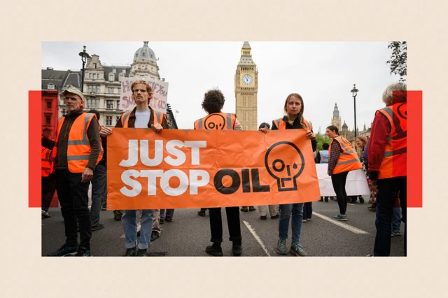 A group of environmental campaigners from the Just Stop Oil group with a banner 