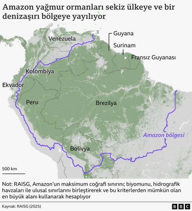 Amazon yağmur ormanlarını gösteren harita.