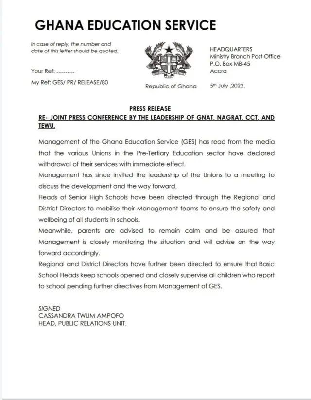 Ghana teachers strike update: Education Service tell ‘Parents to remain calm’