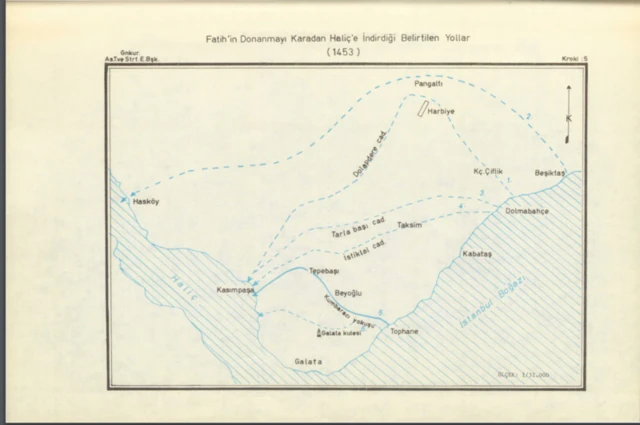نقشه‌ای از مسیرهای احتمالی کشتی‌ها از گزارش «فتح استانبول» که ستاد کل نیروهای مسلح ترکیه در سال ۱۹۷۹ تهیه کرد