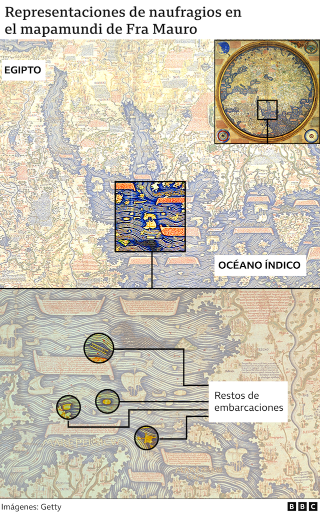 Gráfico que resalta escenas de naufragios en el mapamundi de Fra Mauro