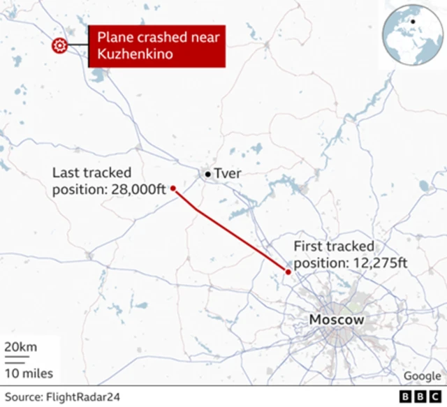 FlightRadar24 track Prigozhin flight reach wia a crash
