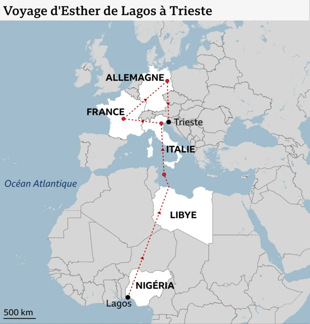 Une carte retraçant le parcours d'Ester depuis le Nigeria jusqu'en Libye, en Italie, en France, en Allemagne, puis de nouveau en Italie. 