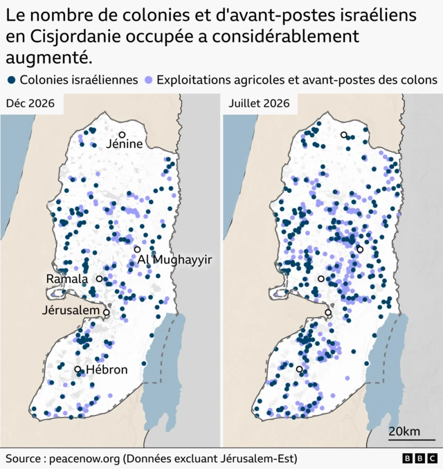 Deux cartes illustrant la croissance significative du nombre de colonies israéliennes et d'avant-postes/fermes de colons en Cisjordanie occupée, à l'exclusion de Jérusalem-Est, entre décembre 2022 et juillet 2026.