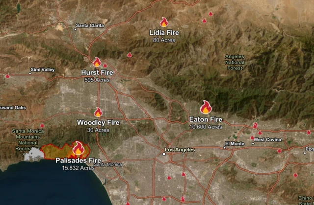 Imagen de la localización de los incendios facilitada por el gobierno de California.