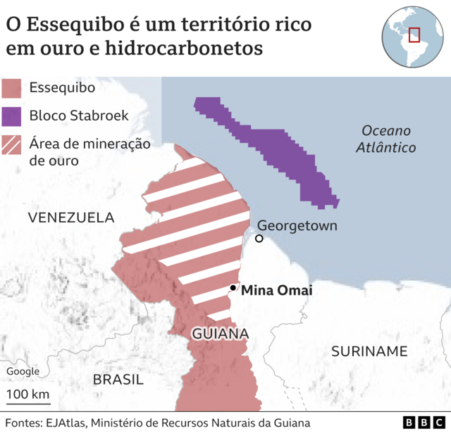 Mapa mostrando o Essequibo, países fronteiriços, o Bloco Stabroek e a áreabet365 aceita pix nubankmineraçãobet365 aceita pix nubankouro