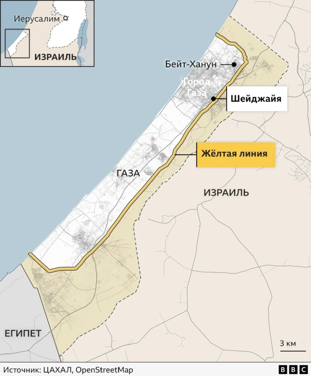 Карта сектора Газа, на которой обозначена желтая линия, за которую отступили израильские войска.