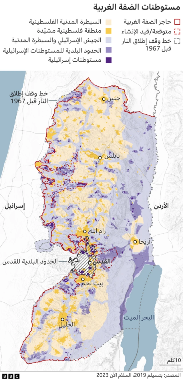 خارطة تظهر مستوطنات إسرائيلية في في الضفة الغربية المحتلة