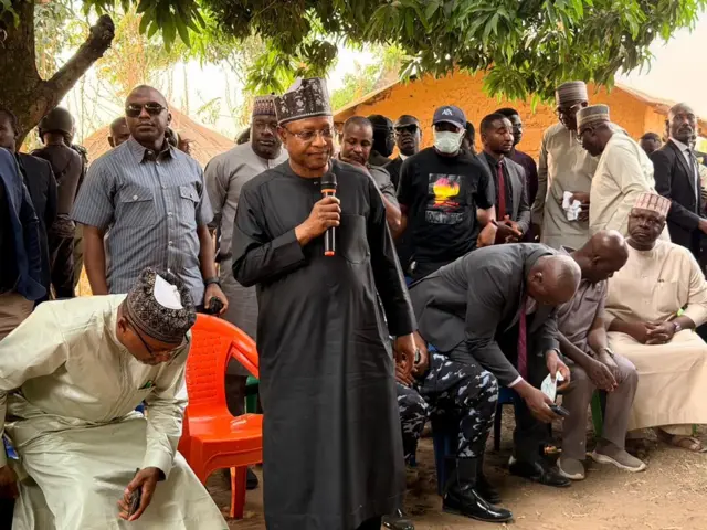 Kaduna State Governor Uba Sani speaking to the villagers of Kurmin Wali when he visited on Wednesday, 21 January 2025, three days after the kidnap incident.