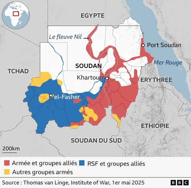 Carte du Soudan montrant les zones contrôlées par l'armée et les groupes alliés, le RSF et les groupes alliés, ainsi que d'autres groupes armés.