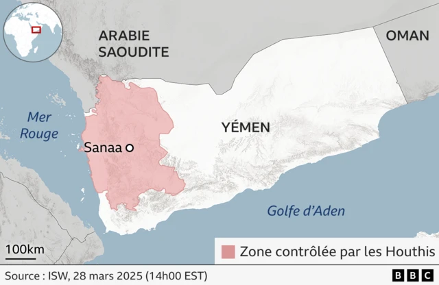 Une carte montre la zone contrôlée par les Houthis au Yémen
