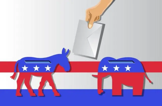 যুক্তরাষ্ট্র নির্বাচনের প্রধান দুই দল, ডেমোক্র্যাটদের প্রতীক গাধা এবং রিপাবলিকানদের প্রতীক হাতি