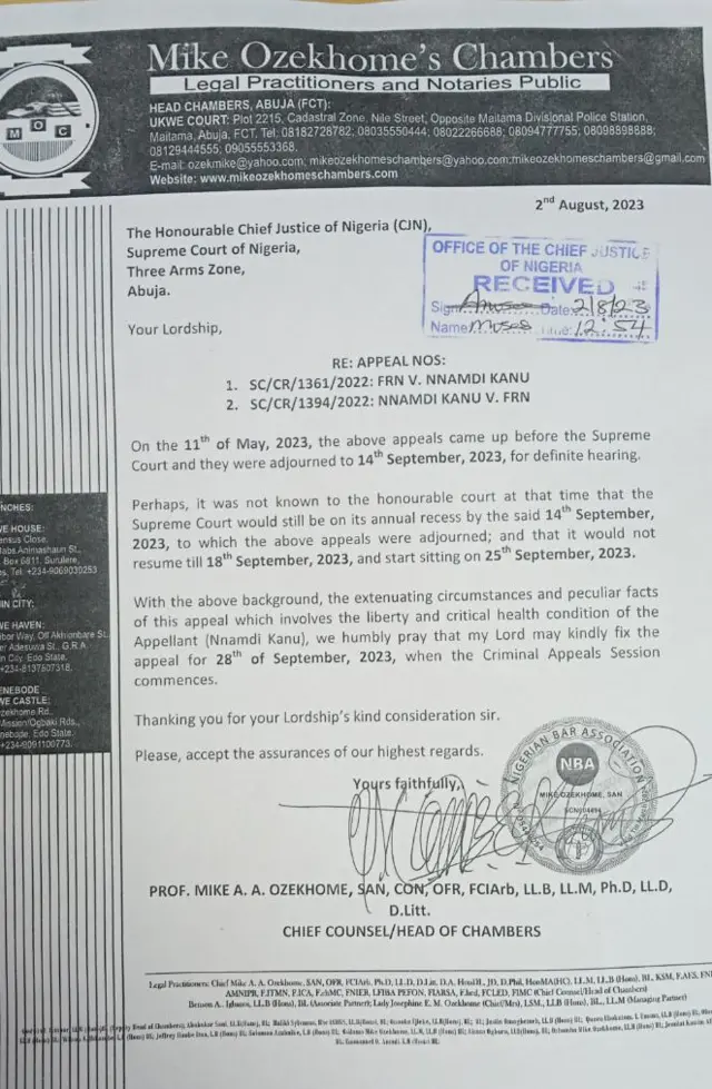 Akwụkwọ ozi ọkaiwu Kanu degaara ụlọikpe kachasị