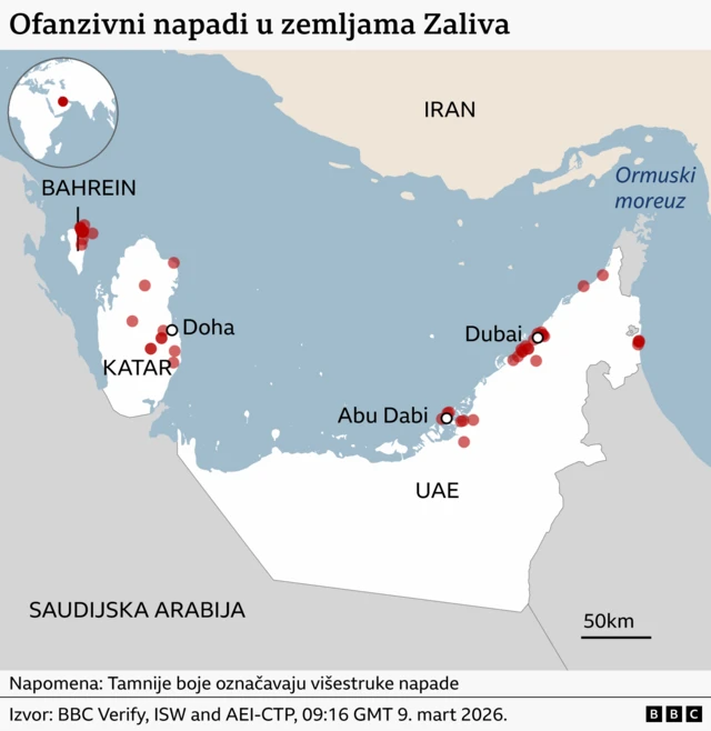 Mapa Bliskog istoka, gde su crvenom bojom naznačeni gradovi i oblasti koje je Iran gađao